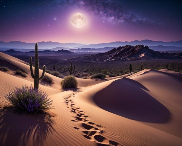 Twilight Desert Landscape with Moon and Stars