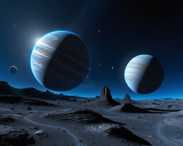 Gas Giants with Blue Rings and Stripped Surface Over Rocky Terrain