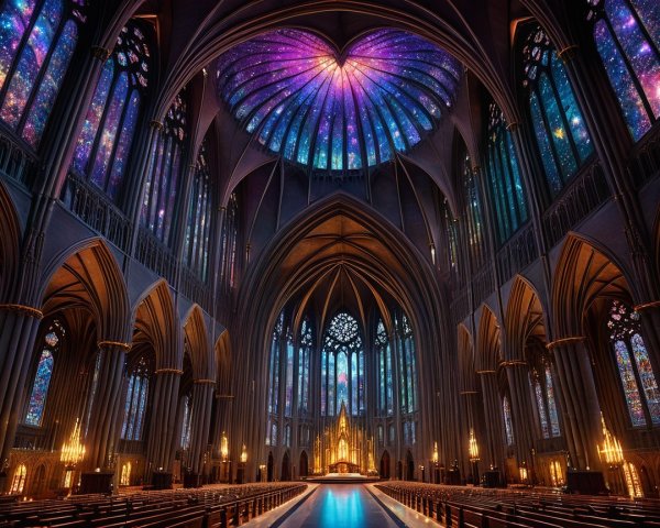 Grand Cathedral Interior with Cosmic Dome and Arches