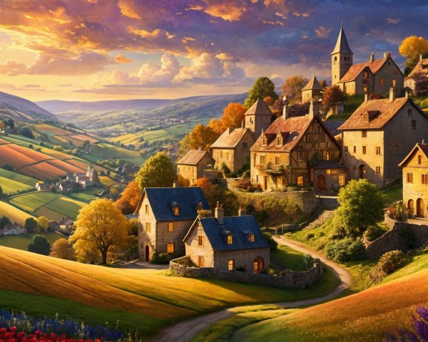 Picturesque Village with Autumn Foliage and Sunset