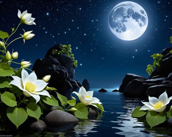 Dark Night Scene with Moon and Flowers on Water