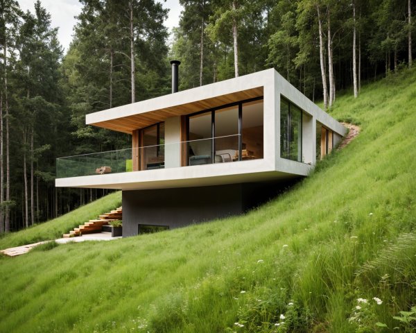 Modern House on a Lush Green Hill with Natural Features