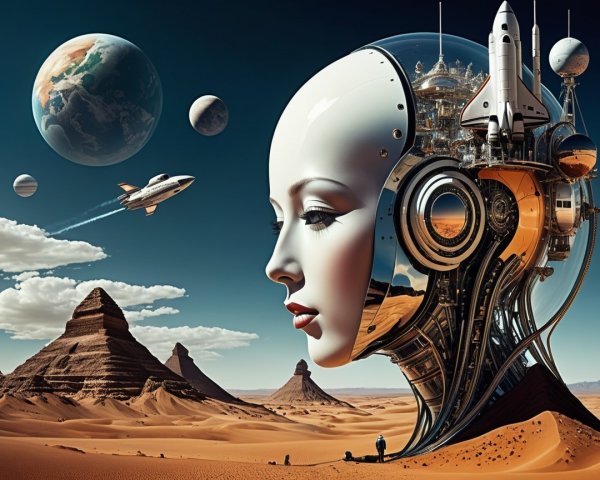 Futuristic Landscape with Robotic Head and Cityscape
