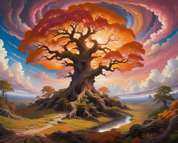 Vibrant Fantasy Landscape with Ancient Gnarled Tree