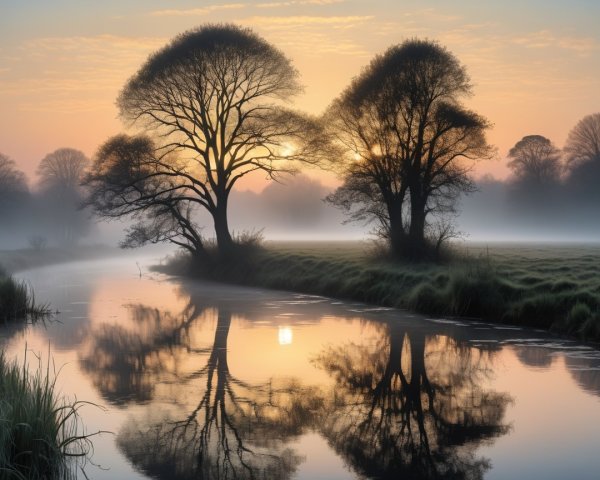 Serene Dawn Landscape with Silhouetted Trees and River