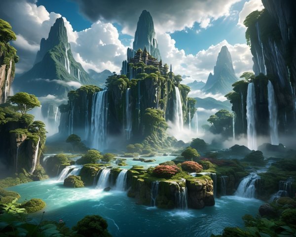 Surreal Landscape with Misty Mountains and Waterfalls