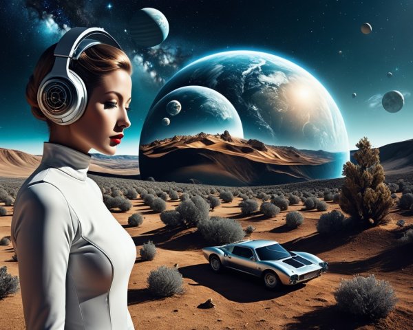 Futuristic Scene with Woman, Desert, and Cosmic Sky