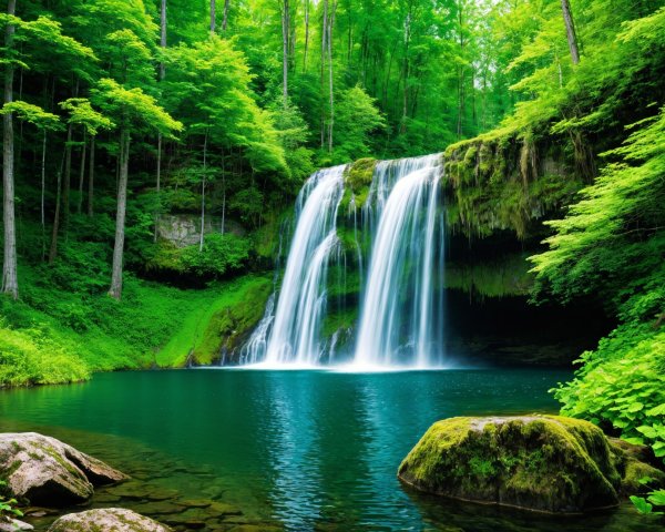 Serene Waterfall and Tranquil Pool in Lush Greenery