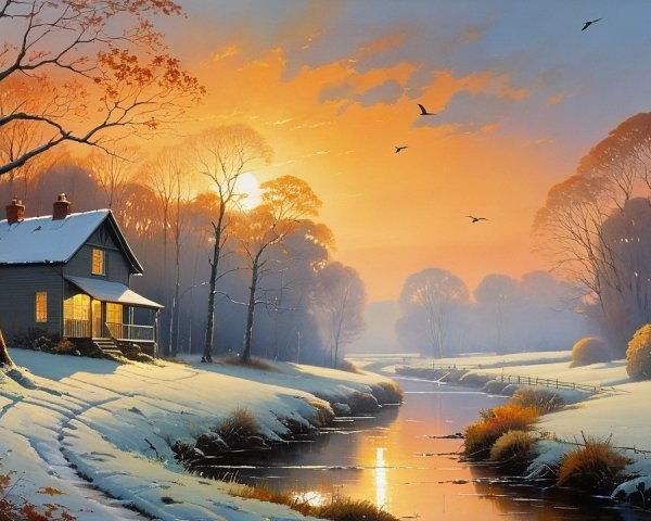 Serene Winter Landscape with Cozy House at Sunset