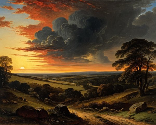 Sunset Landscape with Rolling Hills and Vibrant Sky