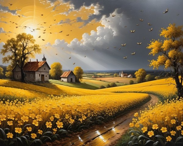 Vibrant Landscape of Yellow Flowers and Cottages