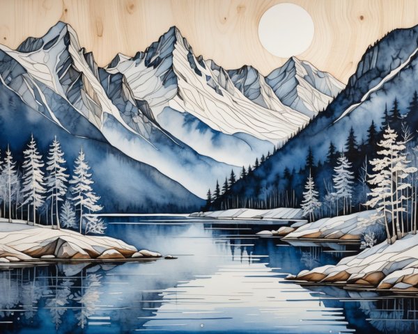 Winter Mountain Landscape Watercolor Painting Description