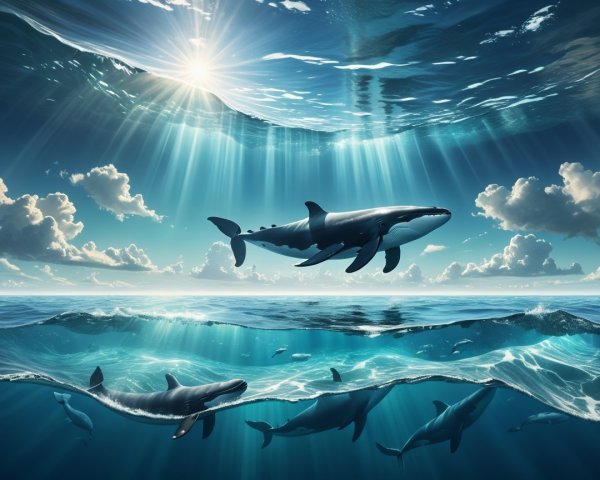 Whale Swimming Underwater with Surface Ripples