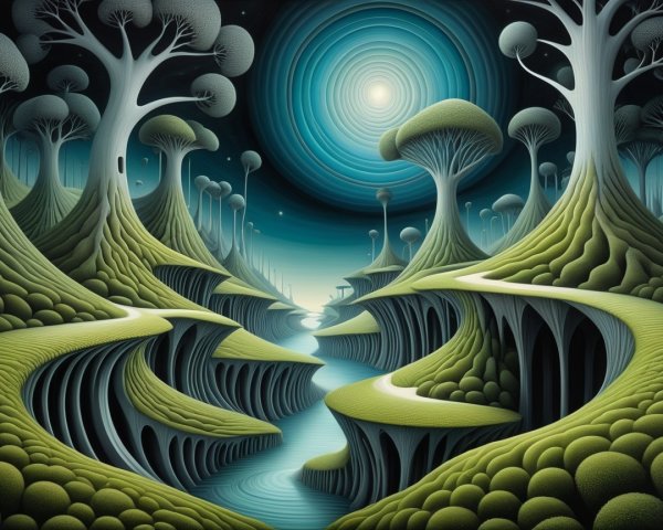 Surreal Landscape with Whimsical Trees and Moonlight
