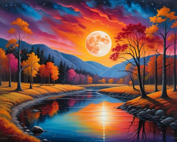 Vibrant Sunset Over Serene Landscape with Full Moon