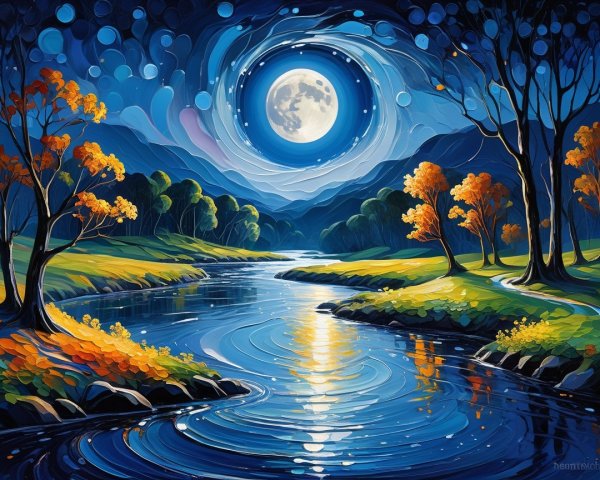 Serene landscape with winding river and full moon glow