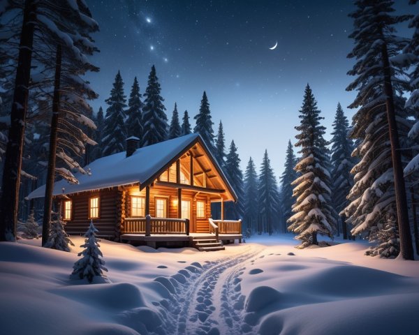 Cozy Log Cabin in Snowy Forest at Dusk