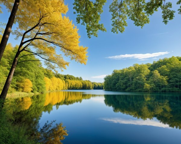 Serene Lake Landscape with Autumn Foliage and Sky