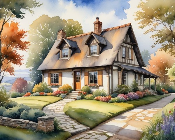 Two-Story Cottage Surrounded by Autumn Foliage