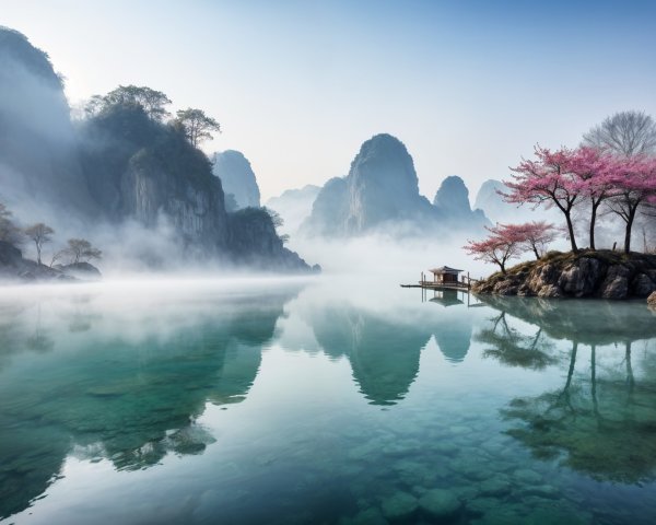 Tranquil Landscape with Mountains and Cherry Blossoms