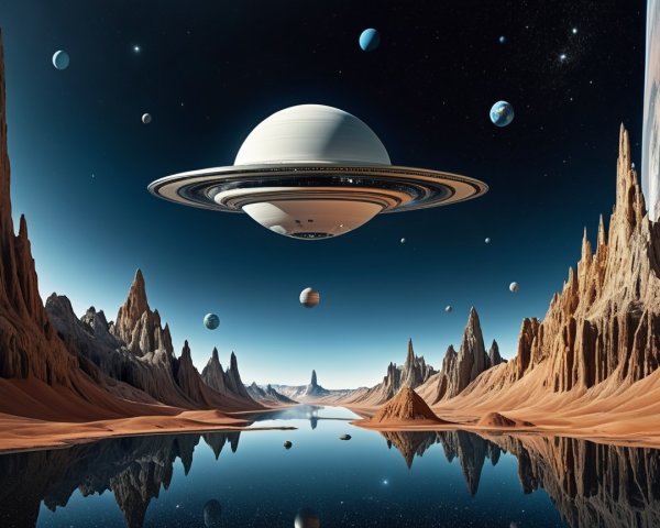Surreal Alien Landscape with Saturn and Reflective Lake