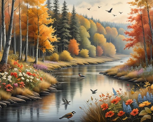 Autumn Landscape with River and Vibrant Foliage