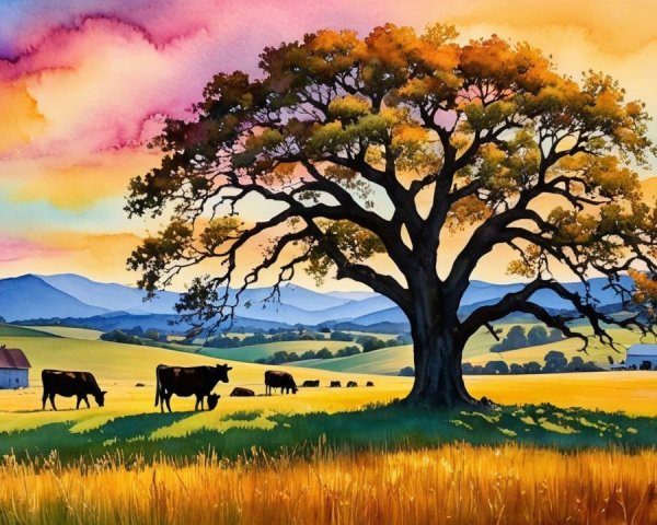 Vibrant Tree and Cows in Serene Countryside Sunset