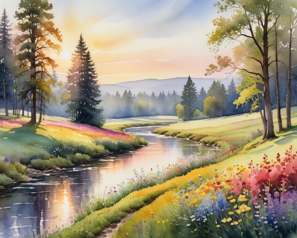 Serene Landscape with River and Sunrise Reflection