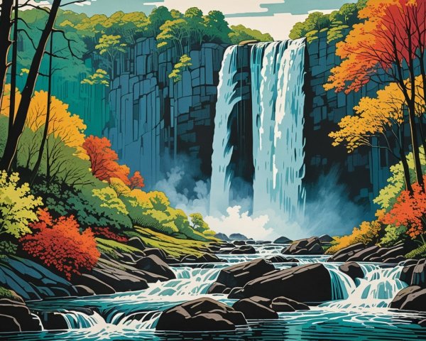 Vibrant waterfall amidst autumn foliage and serene river
