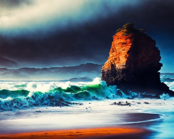 Dramatic Coastline with Rocky Outcrop and Turbulent Sea