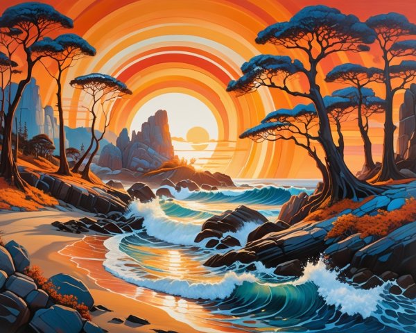 Vibrant Beach Sunset Landscape with Dreamlike Colors