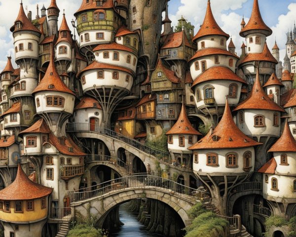 Whimsical Hillside Town with Multi-Story Buildings