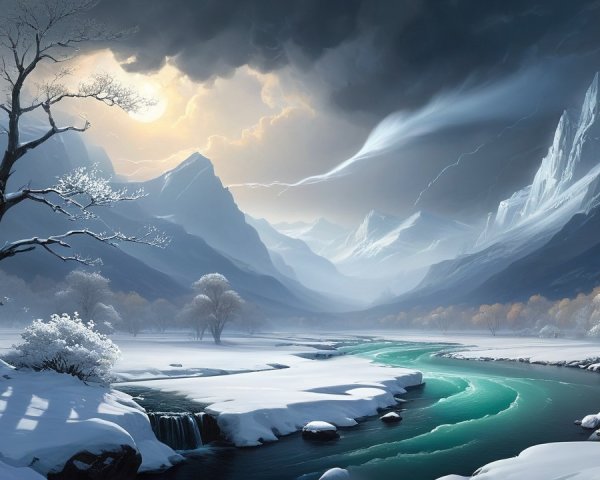 Serene Winter Landscape with Snowy Mountains and River