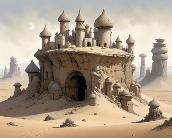 Majestic castle in a surreal sandy landscape