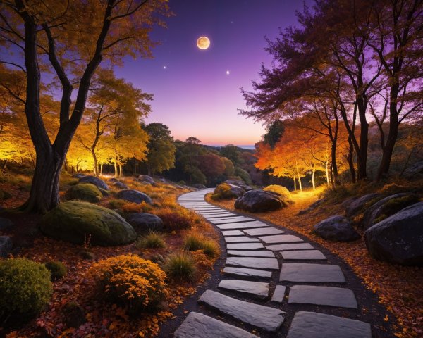 Serene Autumn Landscape with Winding Stone Path
