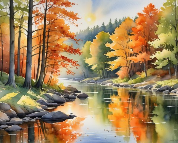 Vibrant Watercolor of a Serene Riverside in Autumn