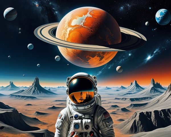 Astronaut on Rocky Landscape with Martian Sky and Saturn