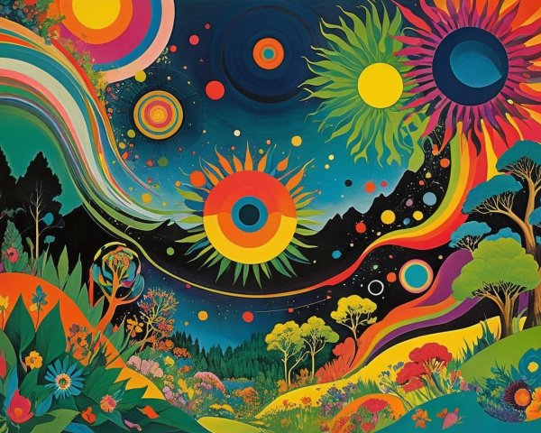 Psychedelic Landscape with Colorful Celestial Bodies