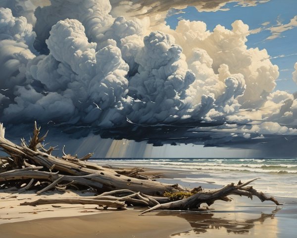 Dramatic Beach Scene with Driftwood and Clouds