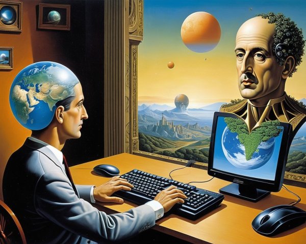 Surreal Scene of Man with Globe Head at Computer