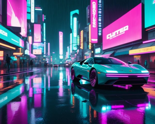 Futuristic Car in Neon-Lit Urban Nightscape