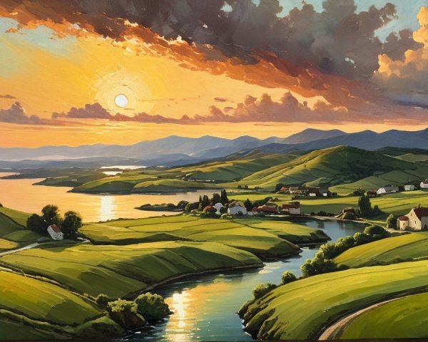 Serene Sunset Landscape with Rolling Hills and River