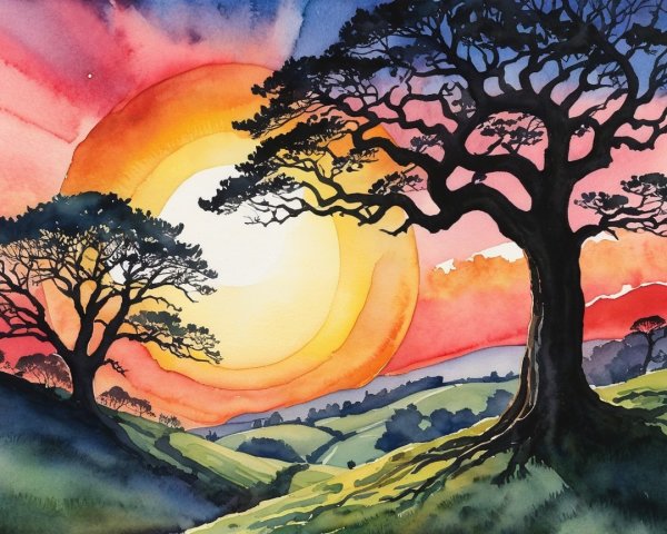 Vibrant Watercolor Landscape with Sunset and Trees