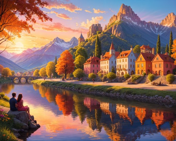 Serene sunset over a picturesque village by a river