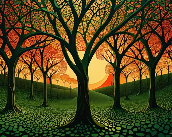 Vibrant Landscape with Stylized Trees and Sunset Glow
