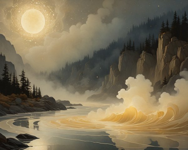 Serene landscape with moonlit river and mountains
