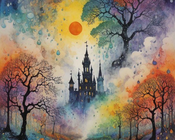Whimsical Landscape with Colorful Trees and Castle
