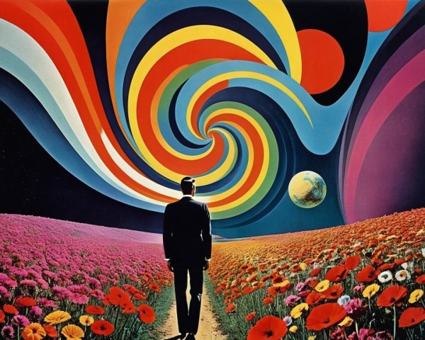 Surreal Figure in Colorful Flower Field and Sky