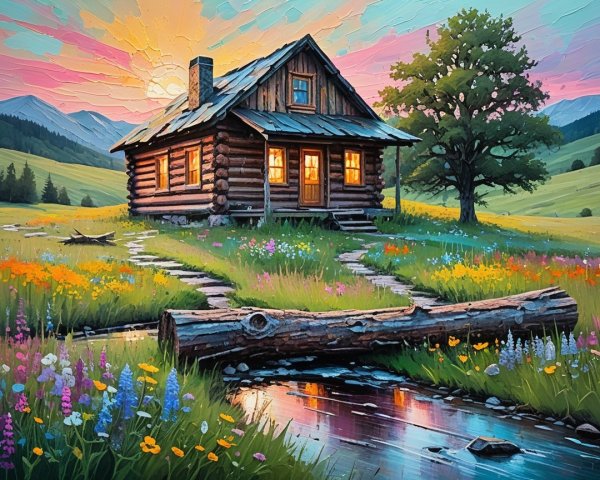Log cabin in a meadow with wildflowers and mountains