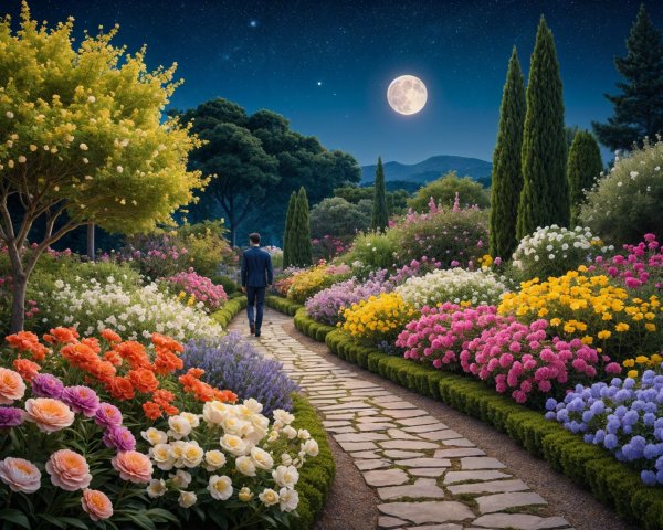 Serene garden path with vibrant flowers under moonlight